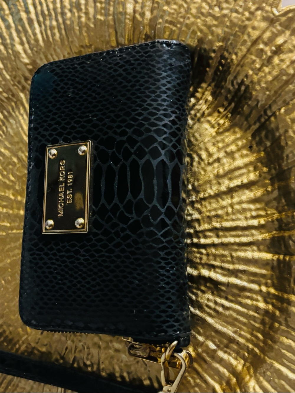MICHAEL KORS Black Embossed Leather Wristlet with Gold Plate